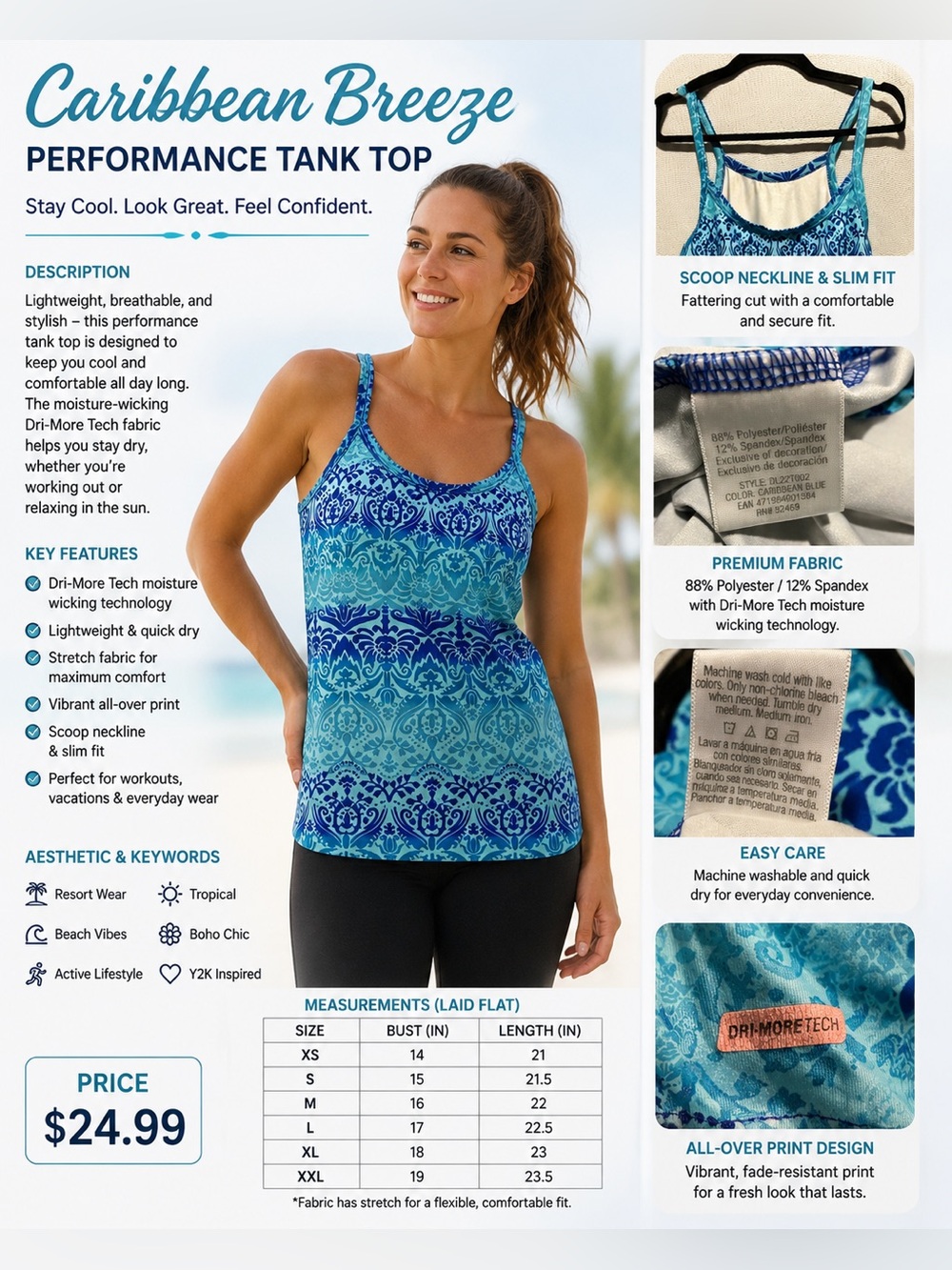 Aqua Blue Patterned Women's Tank Top - Sleeveless Scoop Neck - Picture 1 of 8